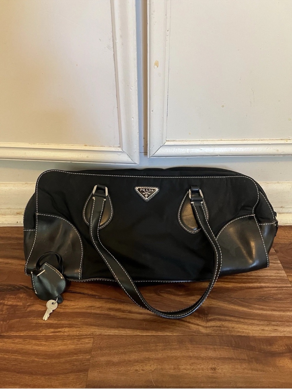 Prada Black Nylon & Leather Shoulder Bag with Silver Hardware